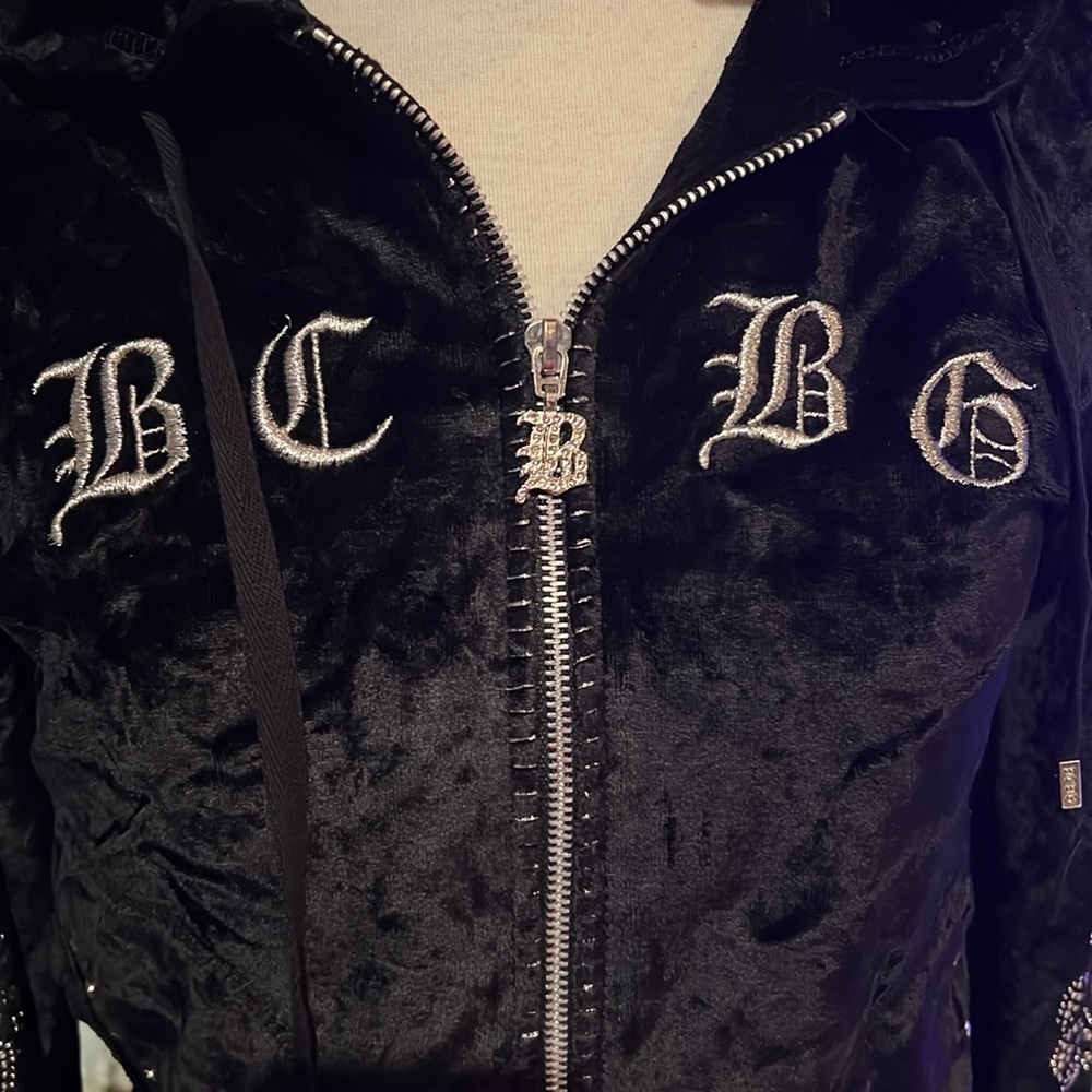 BCBGMaxAzria  Y2K 90s black rhinestone silver embellished Velour Track Suit M - Picture 4 of 16